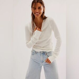 FREE PEOPLE We The Free Roll With It Thermal Long Sleeve Top White OB1803865